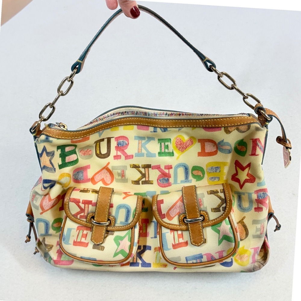 VTG Y2K Dooney Bourke Shoulder Bag Cream Multi Doodle Print Heart Charm Pocket